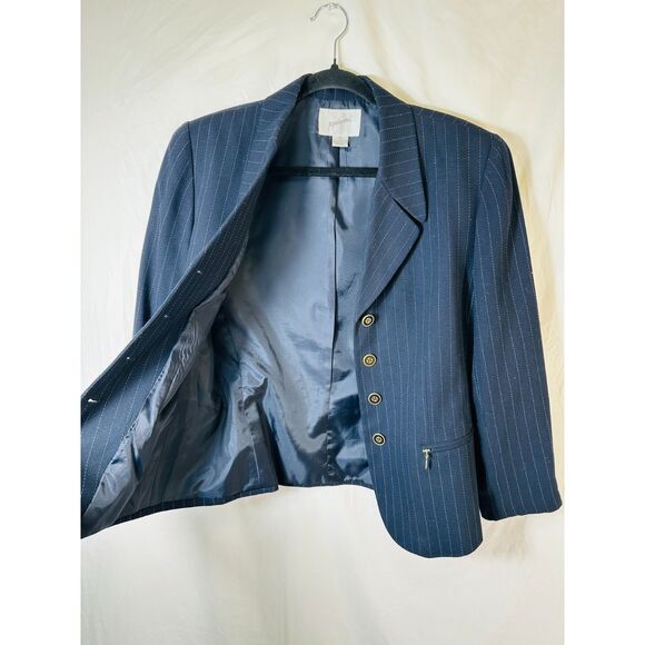 Jacqueline Ferrar Womens Navy Blue Pinstripe 5-Button Blazer Gold Hardware SZ 10 - Picture 2 of 5
